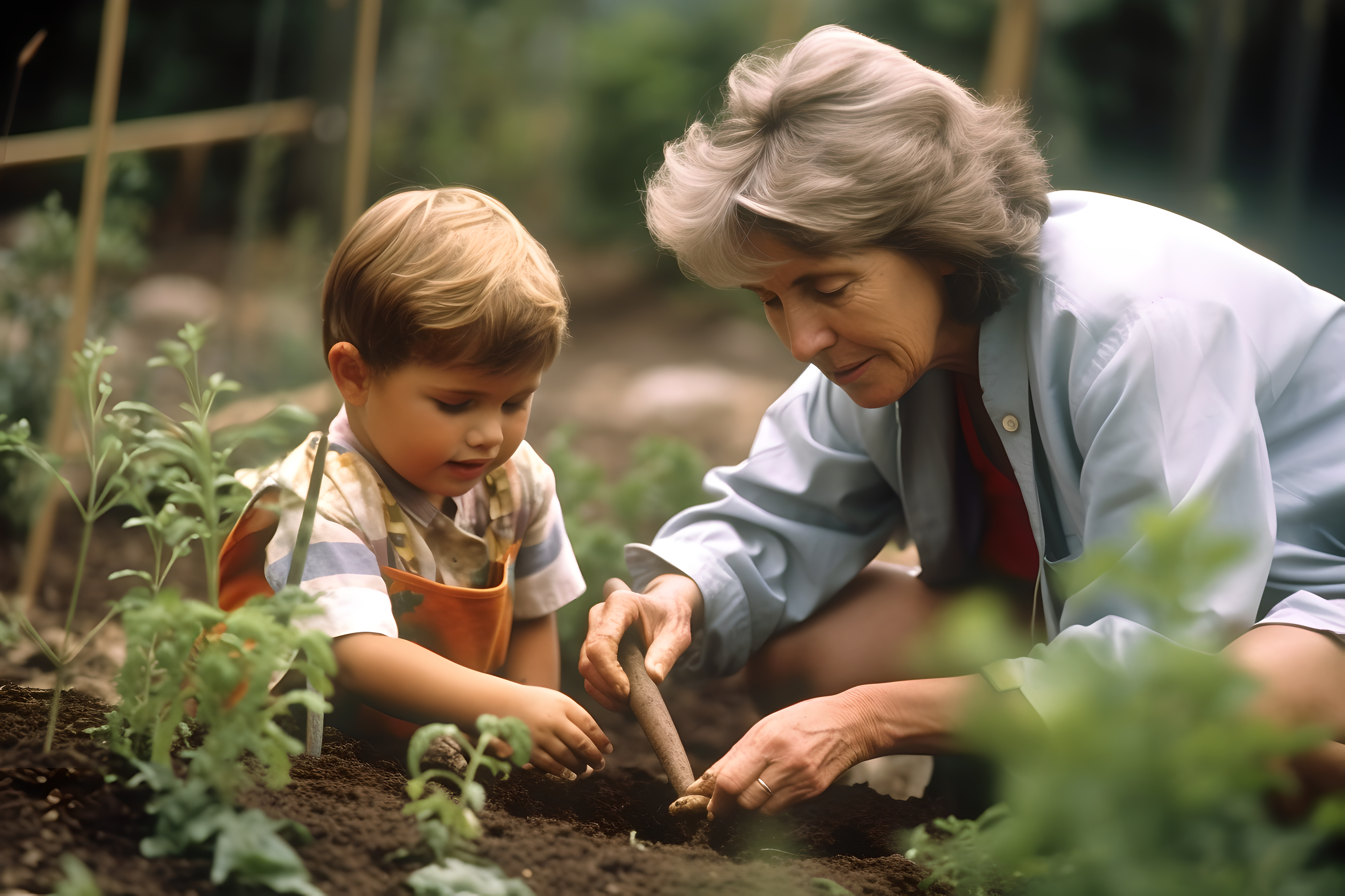 Grand-mère jardinant avec son petit-fils